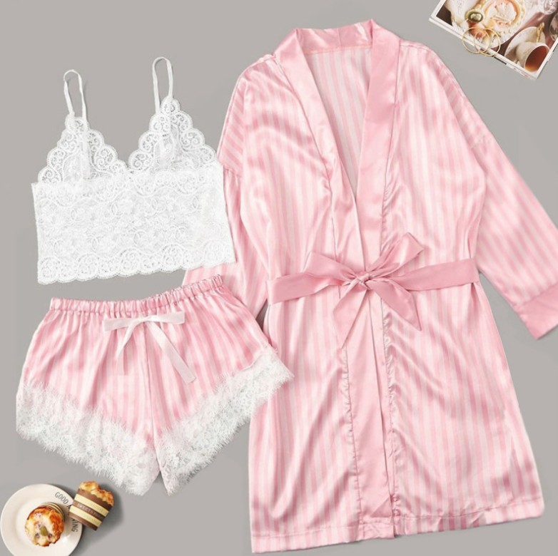 New Sexy Pajamas Stretch Satin Pink Striped Jacket Lace Sexy Suit