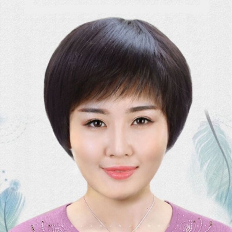 Middle-Aged and Elderly Women's Real Hair Mother's Short Hair Elderly Short Straight Hair Chemotherapy Wig Hair Set