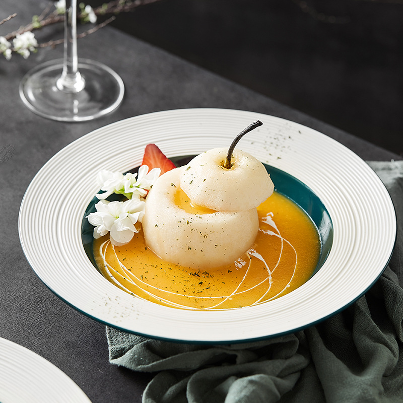 雲和堂北歐綠色拉絲紋西餐盤牛排盤陶瓷甜品盤草帽盤後廚餐具定制