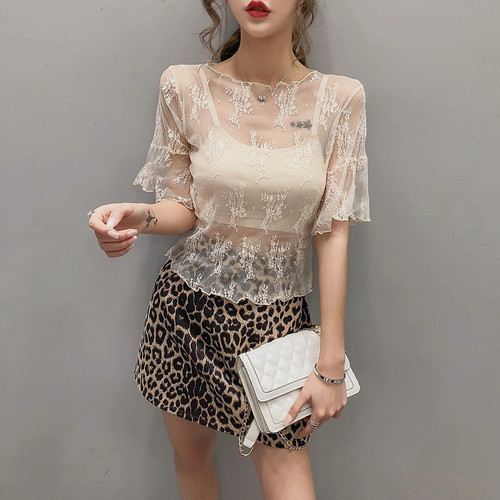 Lace bottoming shirt for women with short sleeves and bell sleeves, summer chiffon inner with hollow, very fairy fashion sexy mesh top