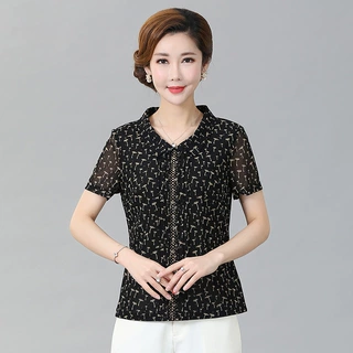 母亲节胖妈妈装夏装套装40岁50中年女装大码网纱上衣服短袖衬衫