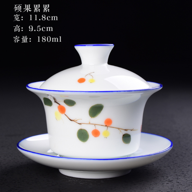 Cubierta pintada a mano Tazón Taza de té de cerámica juego de té de Kung Fu hogar tamaño pequeño Tazón de té Taza blanca tostada de porcelana Taza de té de tres piezas cubierta Tazón