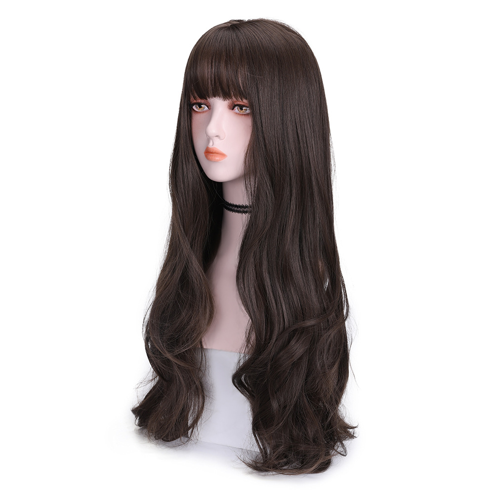 Perruque synthétique bouclée à la mode pour Jeune fille aux cheveux longs et petite frange ondulée_voghion.com