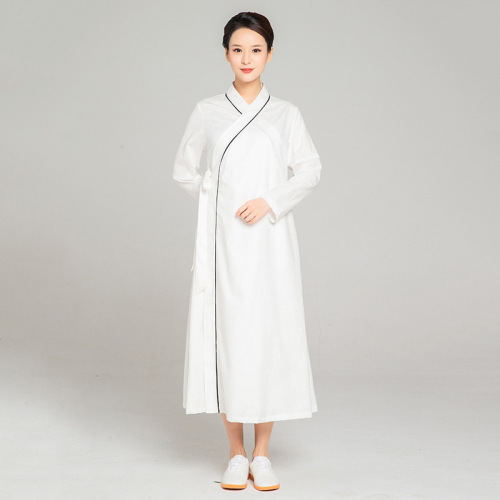 Linen tai chi clothing chinese kung fu uniforms collar robe long retro performance dress