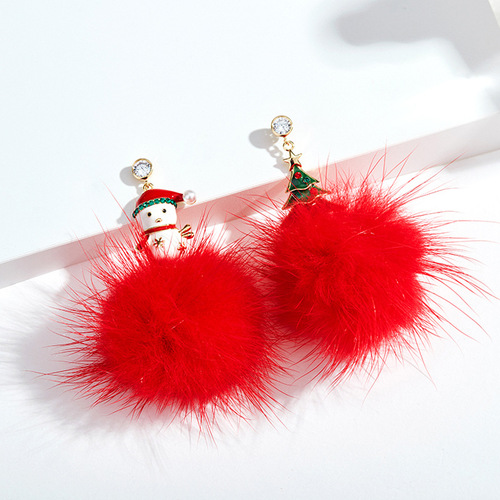 Korean Version New S925 Silver Needle Droplet Diamond Christmas Tree Snowman Fur Ball Earrings Asymmetric Retro New Year Earrings