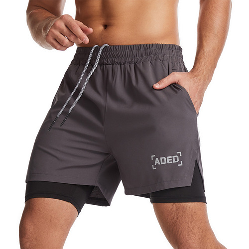 Crazy muscle sports shorts men's quick-drying woven double-layer fitness running marathon casual shorts cross-border