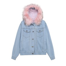 秋冬韩版加绒羊羔毛牛仔外套女连帽大毛领棉服保暖宽松加厚棉衣