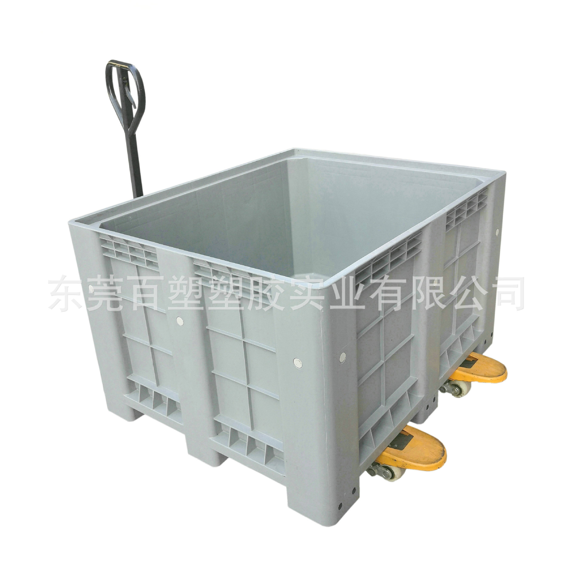 灰色托盘式塑料箱 叉车托盘式周转箱 带轮卡板箱 大型物流运输箱