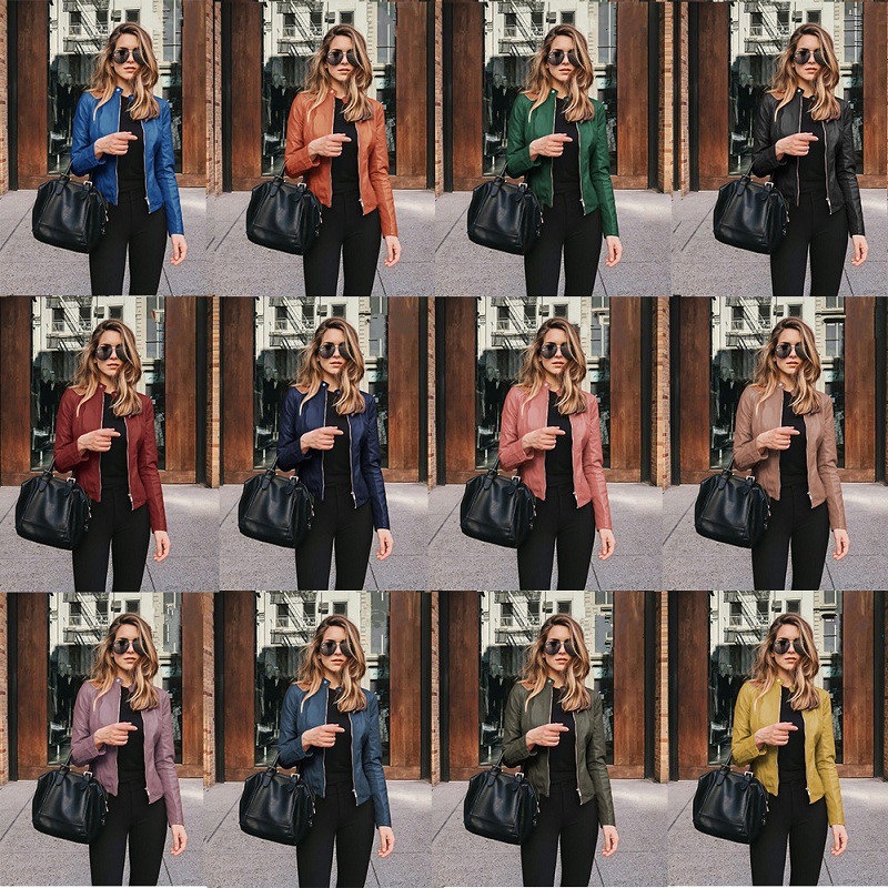 Frau Mode Einfarbig Patchwork Reißverschluss Lederjacke Kleiner Anzug display picture 1