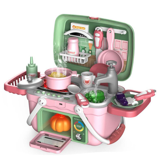 过家家儿童豪华灯光音乐仿真蒸汽出水喷雾厨房手提餐具台套装玩具