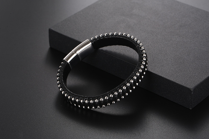 Leather Jewelry Stainless Steel Braided Leather Cord Cowhide Steel Ball Bracelet