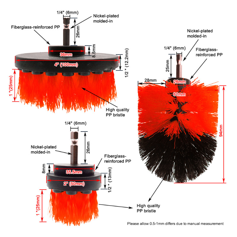 Set de cepillos de limpieza (3 piezas) para acoplar a taladro