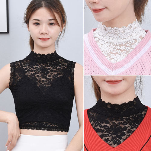 2pcs white Lace high neck fake collar for Women's stand-up detachable half shirt collar bottoming sweater decorative collar sleeveless short shirt