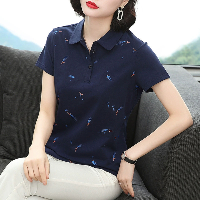 Футболка с короткими рукавами, Женская свободная футболка с лацканами, лето 2023, новая футболка-поло с хлопковым воротником для мамы среднего возраста