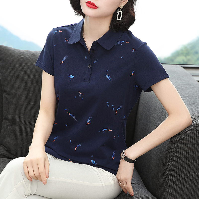 Short-Sleeved T-Shirt for Women, Loose-Fitting Lapel Summer Wear, 2026 New Style, Pure Cotton, Collared, Middle-Aged Mom's Top, Polo Shirt