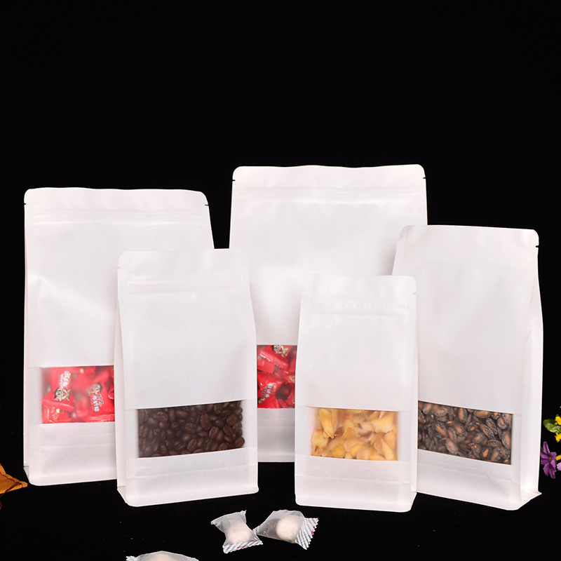 八边封自封袋白色牛皮纸袋加厚32丝开窗自立密封袋干果茶叶包装袋