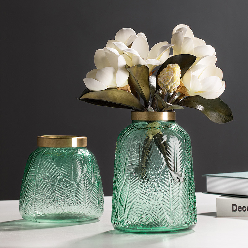 Light Luxury Creative Leaf Pattern Green Glass Vase Ornaments Flower Arrangement Living Room Table Soft Decoration Water Culture Flower Device