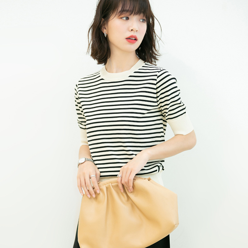 Xiuye female 2021 summer new loose round collar striped T-shirt INS tidal stylish sweater top