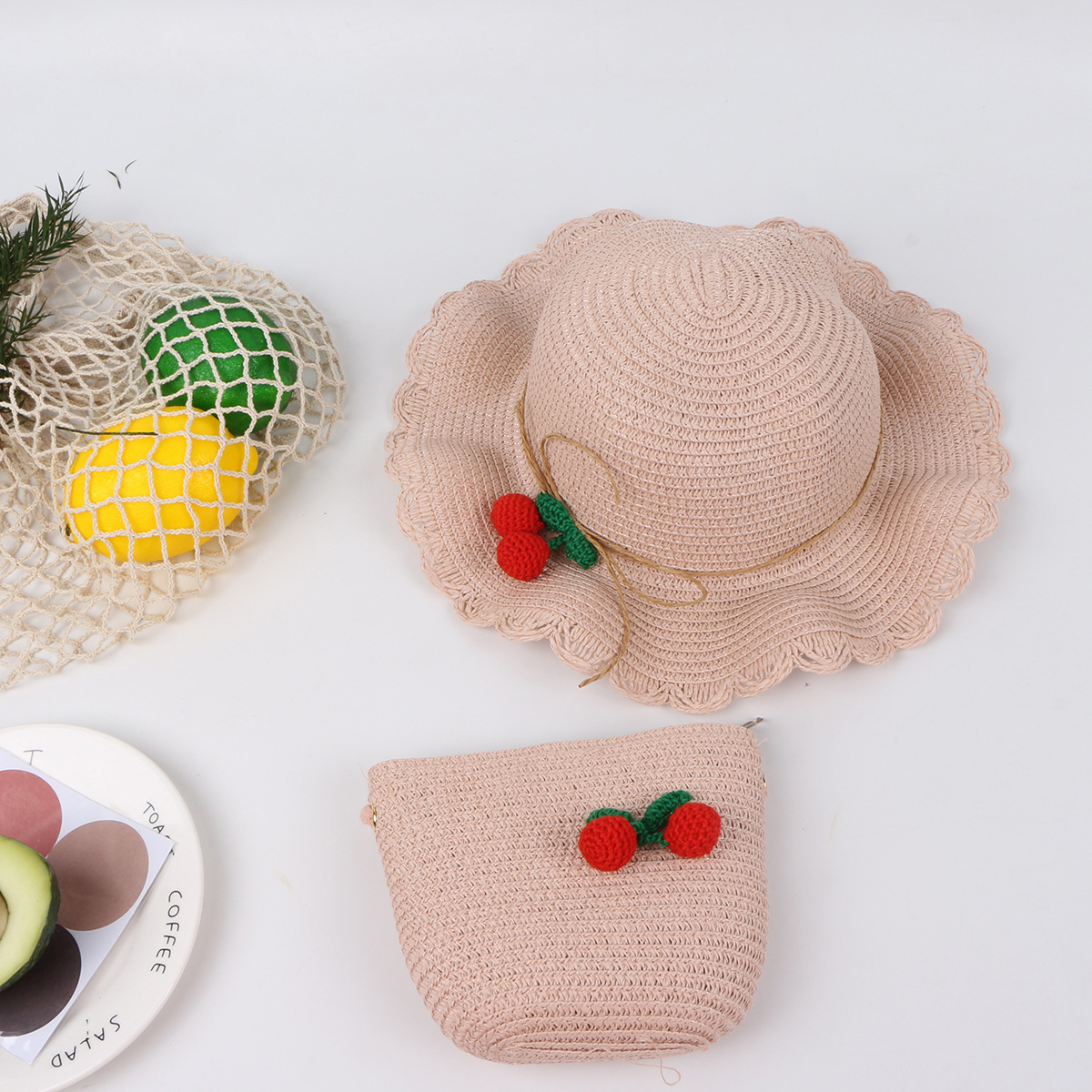 Cherry Lace Wave Straw Hat Bag Set Children&#39;s Sun Hat Summer New Outdoor Sun Hat display picture 10