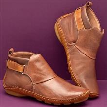 Women Leather Ankle Boots Vintage Flat Heel Shoes 43aŮЬ