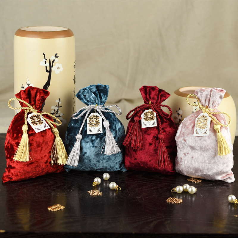 结婚用品婚庆丝绒布带子中式婚礼喜糖袋子糖盒回礼喜糖包装袋