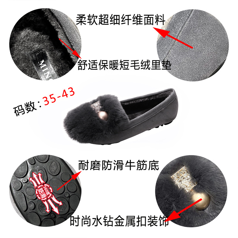 Zapatos de felpa de las mujeres ropa de invierno zapatos de guisantes forrados de lana caliente deslizamiento-En hebilla de diamante de metal piel de conejo Rex más tamaño zapatos de algodón de fondo suave image 6