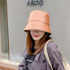 2020韩版女士秋冬新款百搭渔夫帽时尚PU皮质旅游出行纯色拉链盆帽