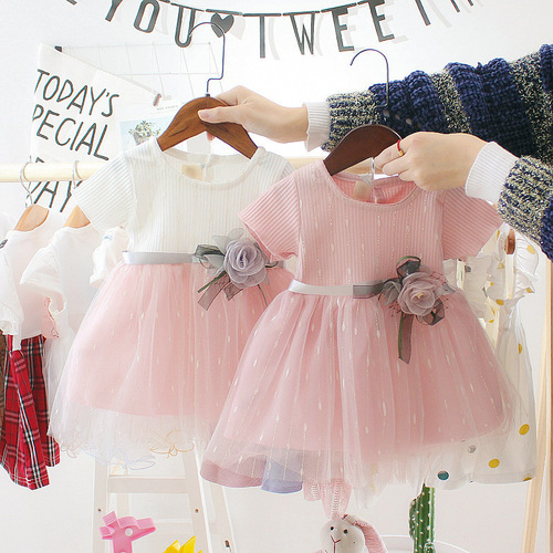 Ladies' Summer New Children's Dress with Short Sleeve, Korean Version, Net Fabric Princess Dress for Baby Girls, Age 0-3, Stylish Skirt