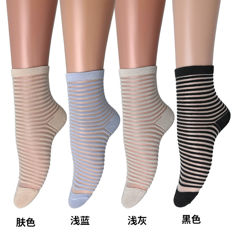 Summer Ultra-thin Breathable Striped Glass Silk Socks Short Stockings Crystal Silk Matching Board Shoes Short Stockings