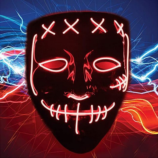 亚马逊LED MAS万圣节发光面具黑V字带血恐怖面罩鬼脸氛围道具