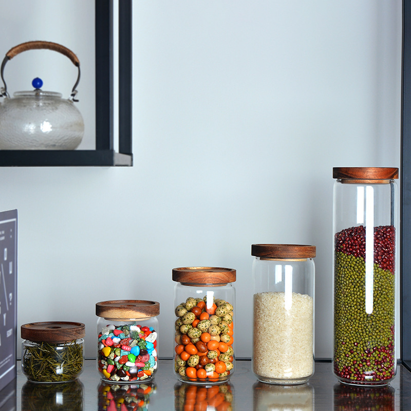 Milk Tea Shop Tea Coffee Storage Jar Transparent Glass Jar Kitchen Food Acacia Wooden Lid Storage Jar