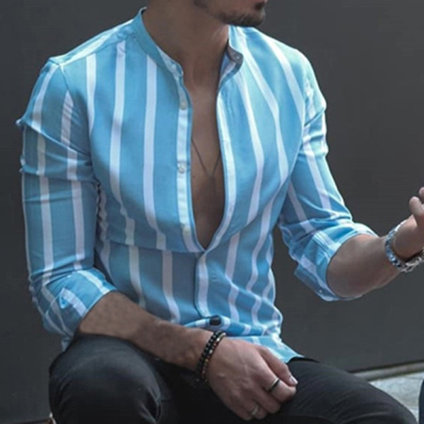 European and American men’s stand up collar stripe long sleeve casual shirt fashion men’s wear