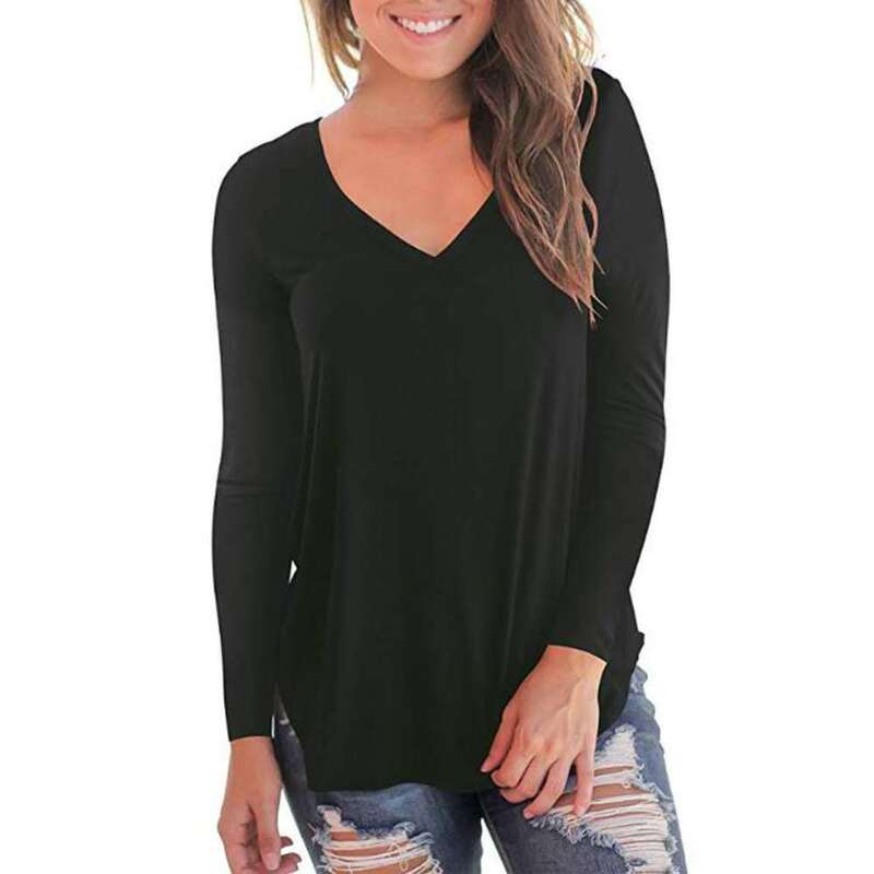 2019 European and American Clothing Pure Color Bottoming Shirt Amazon Wish Cross-Border Hot Selling New V Neck Long-Sleeved Women's T-Shirt