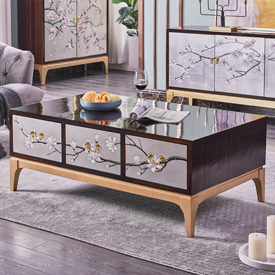 紫檀茶几新中式现代简约轻奢家具银箔手绘客厅家用小户型实木方形|ms