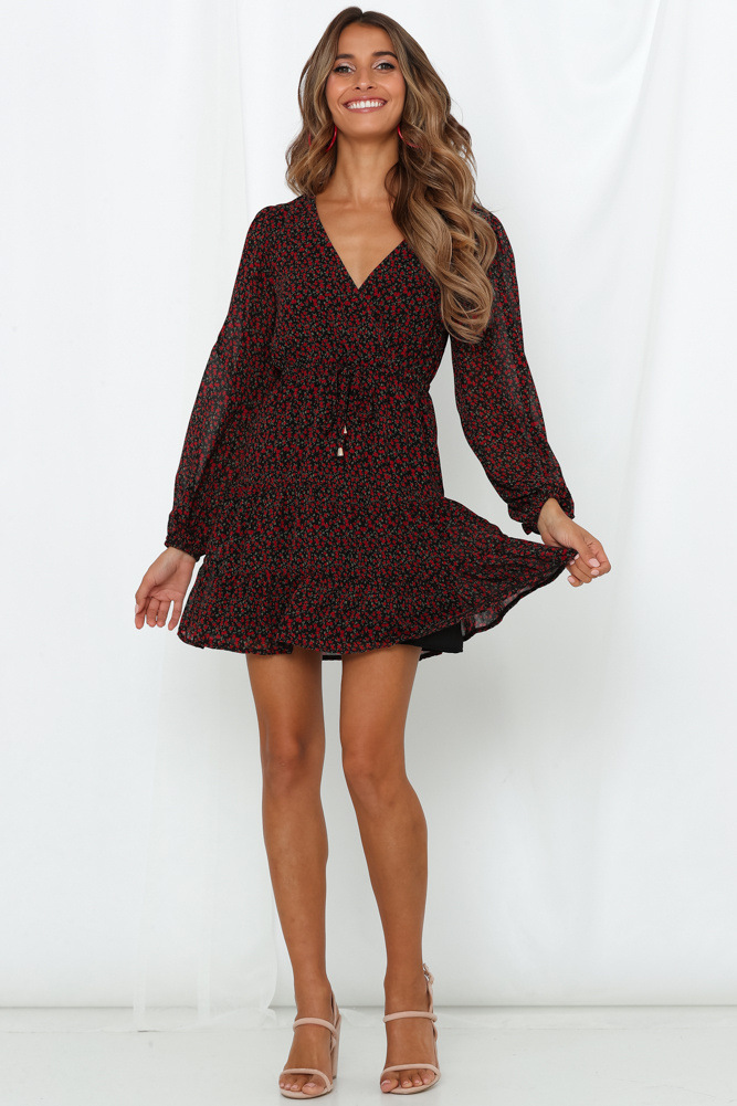  sexy deep V waist long sleeve printed dress NSYD3701