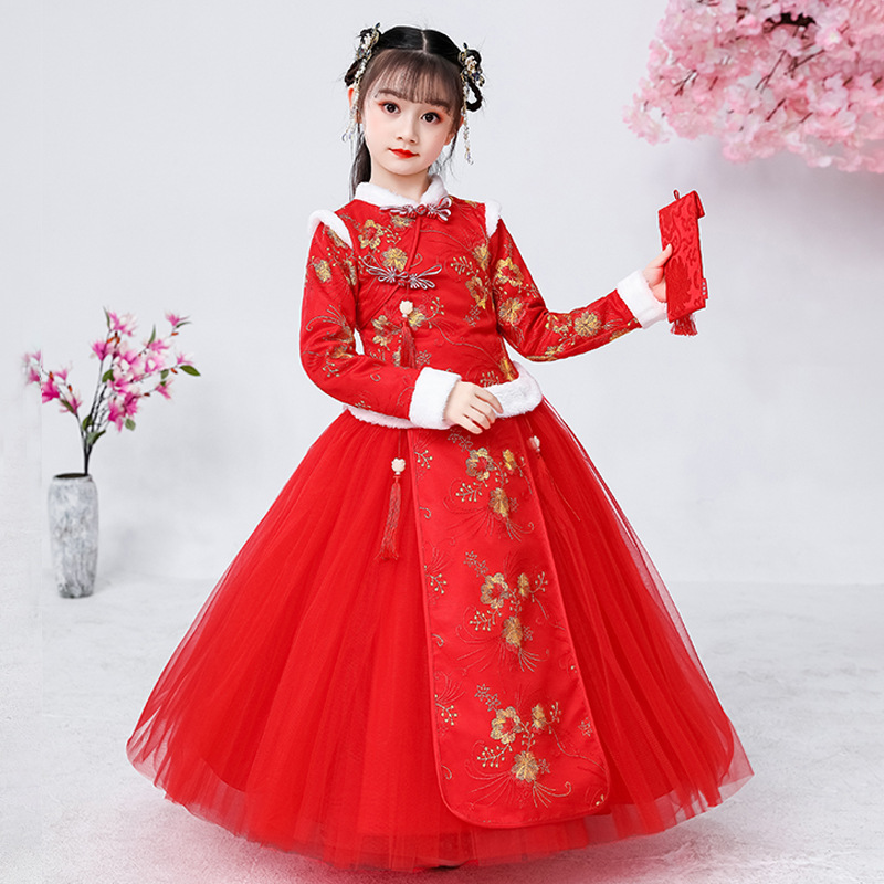 女童漢服唐裝冬裝超仙兒童古裝新年服女孩加絨加厚中國風裙拜年服