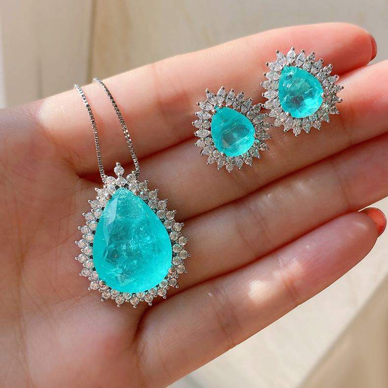 Inlay Design Earrings + Necklace Lady Geometric Inlay Copper Artificial Gemstones Earrings