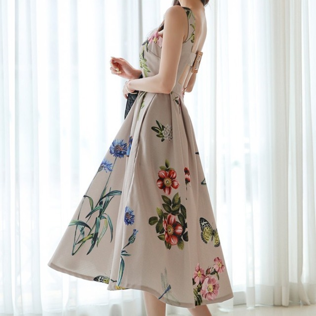 Women’s summer dress Korean style waist belt skirt fashion Printed Dress