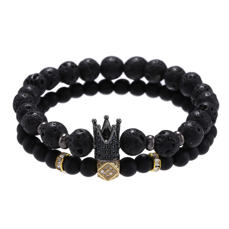 Punk style 8mm lava stone 6mm black frosted zircon Crown Diamond spacer elastic set bracelet jewelry