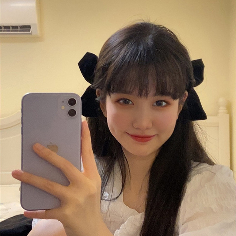 jisoo金智秀同款黑色蝴蝶结发夹边夹少女日韩丝绒发卡马尾扎发饰|ru