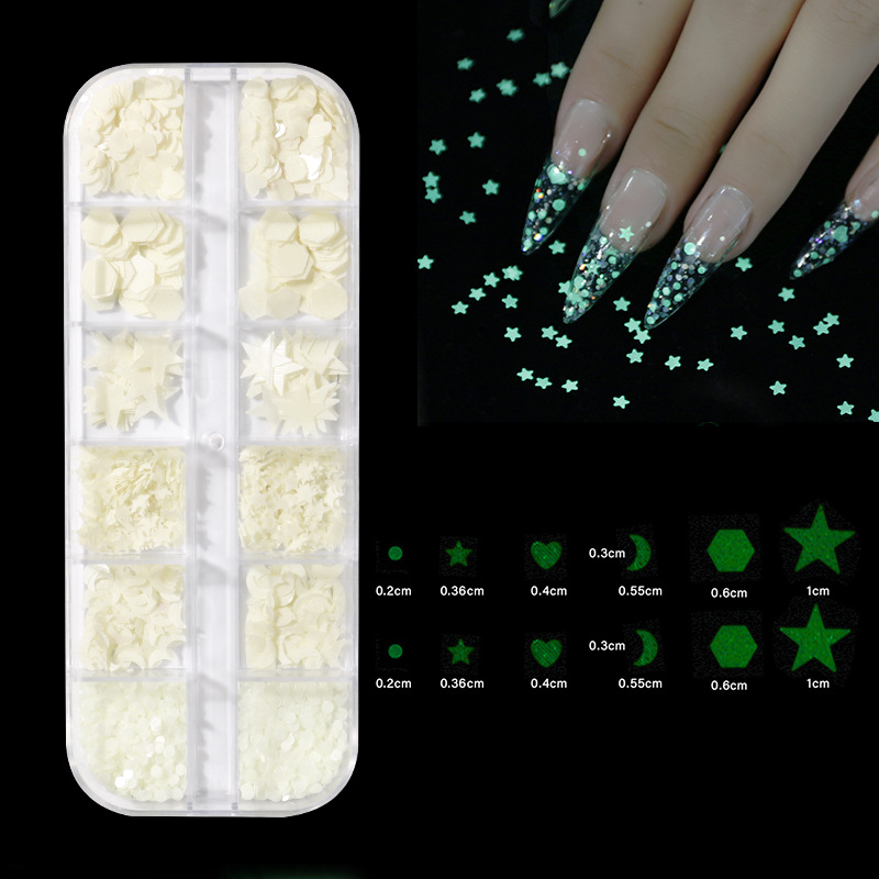 Finger princess manicure sequinilla decorativa de uñas de luz nocturna caja larga conjunto de manicure de forma nocturna sequinilla