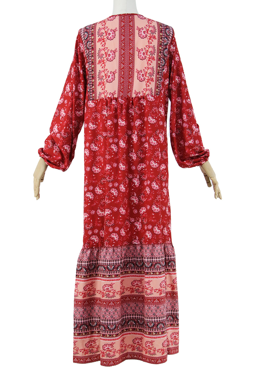 Lace-up long bohemian print loose long sleeve dress NSDF1494
