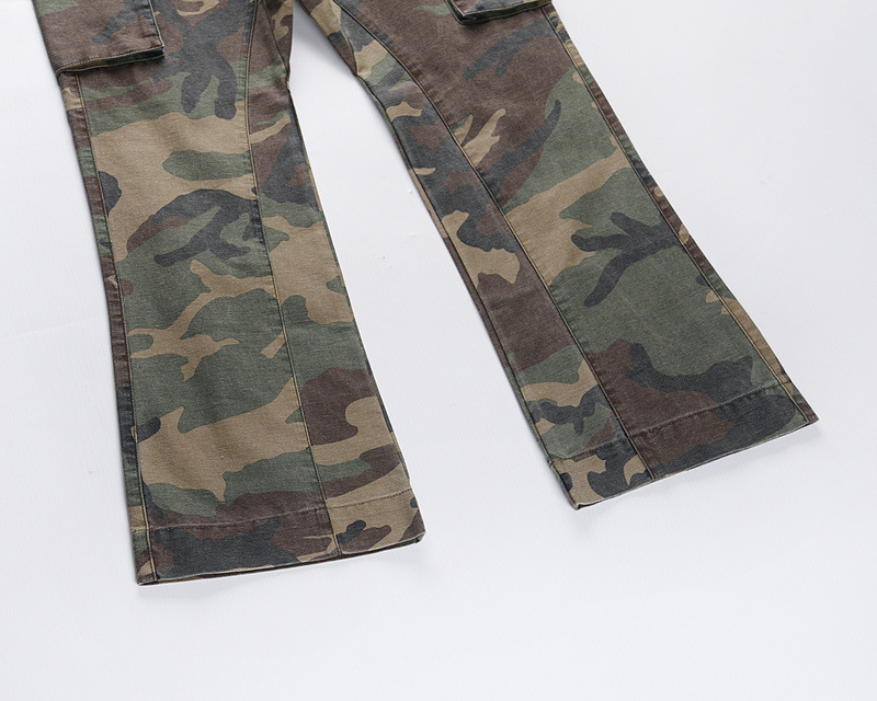 Men's clothing high street washed camouflage large pockets elastic waist tie micro flared overalls casual jeans jeans_voghion.com
