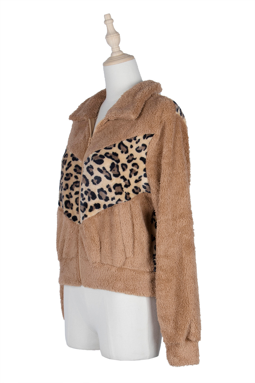 slim-fit stitching lapel leopard print short ladies rubber zipper long-sleeved jacket NSDF1858