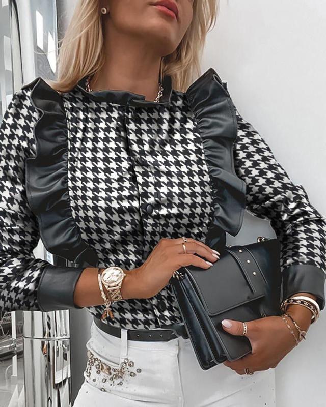 long-sleeved single-breasted houndstooth stitching leather shirt NSYD17673