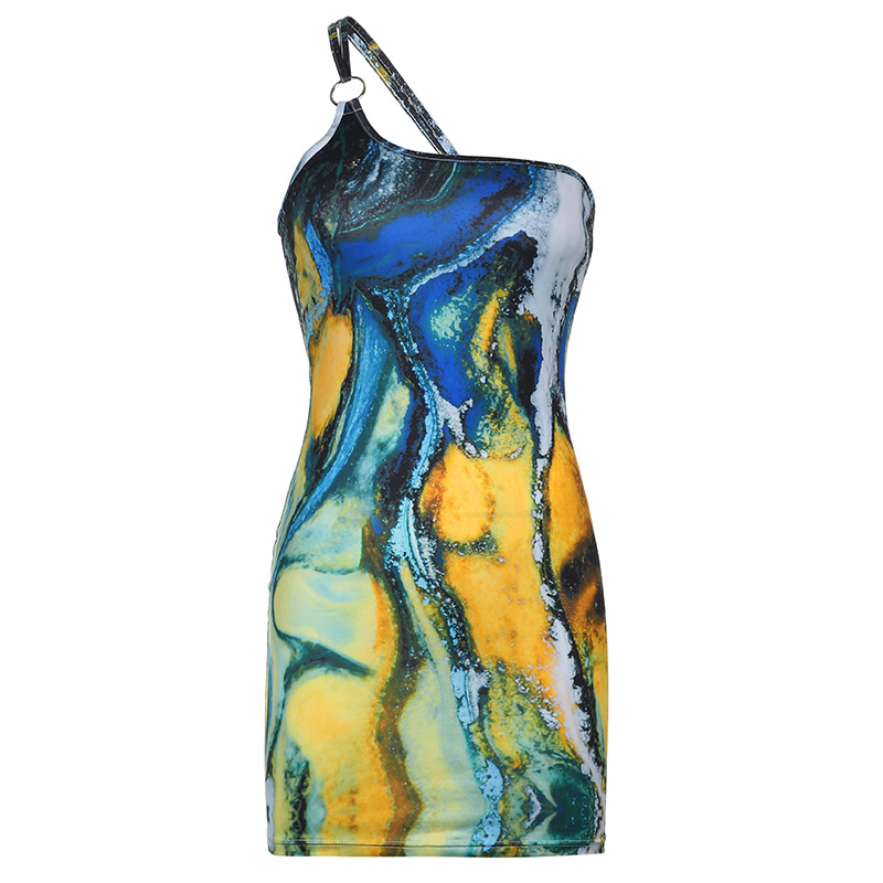 abstract printing ring one-shoulder dress NSKAJ51496