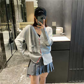 特不退换tb拼色不对称条纹外套潮流欧洲站提花V领针织衫