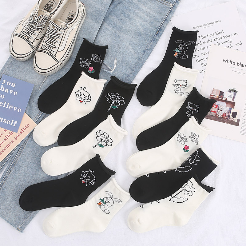 黑白襪子女ins潮中筒襪秋冬韓國可愛純色長襪網紅卡通堆堆襪百搭