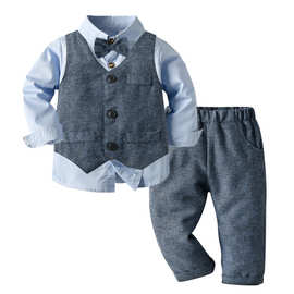 欧美童装 春秋儿童绅士马甲+领结长袖衬衫+西装裤三件套 baby set