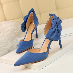 2136-5 han edition style high heel with suede hollow shallow mouth sexy show thin pointed bow hollow out sandals